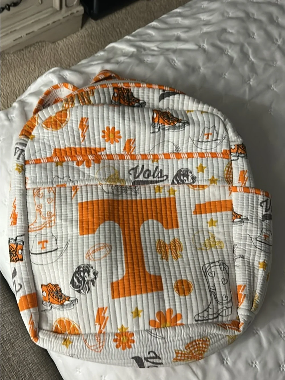Orange and White Quilted Backpack - Vols Logo